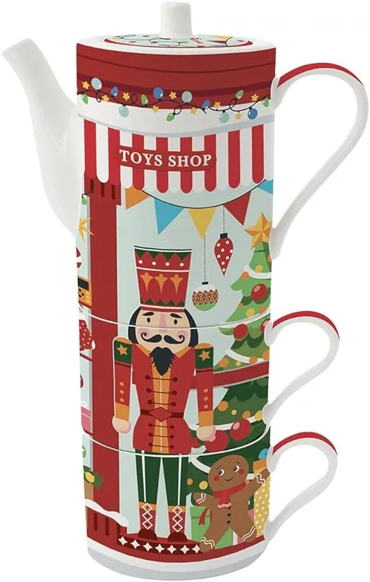 Tetera navideña con dos tazas apilables de porcelana con cascanueces 500 ml