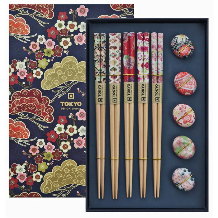 Juego de palillos, floral incl. soportes para palillos, 5 pares, 22,5 cm «TOKYO DESING»