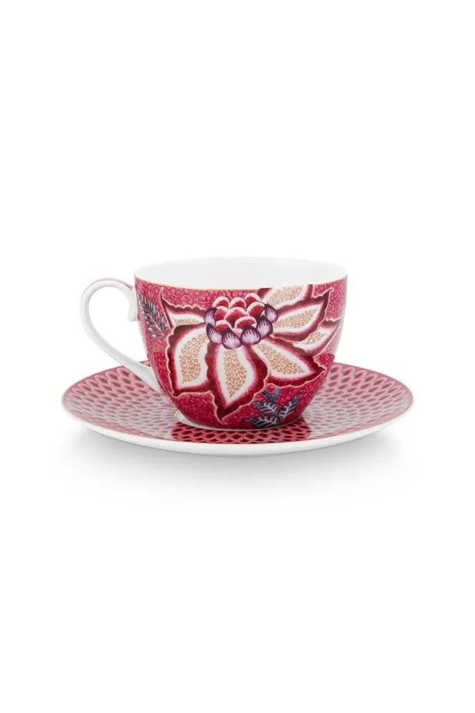 SET 2 TAZA Y PLATO 280 ML. FLOWER FESTIVAL ROSA OSCURO «PIP STUDIO» - Imagen 4