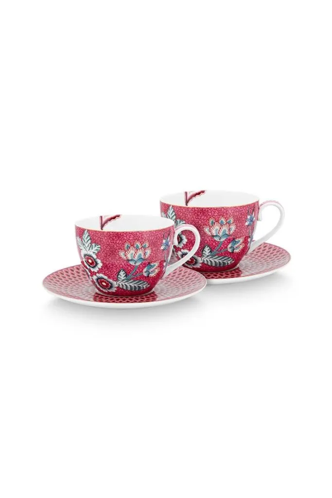 SET 2 TAZA Y PLATO 280 ML. FLOWER FESTIVAL ROSA OSCURO «PIP STUDIO»