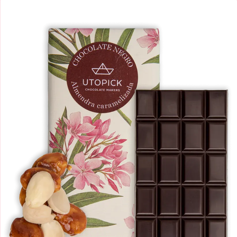Tableta de chocolate 70% cacao con almendras caramelizadas 90 G. «UTOPICK»