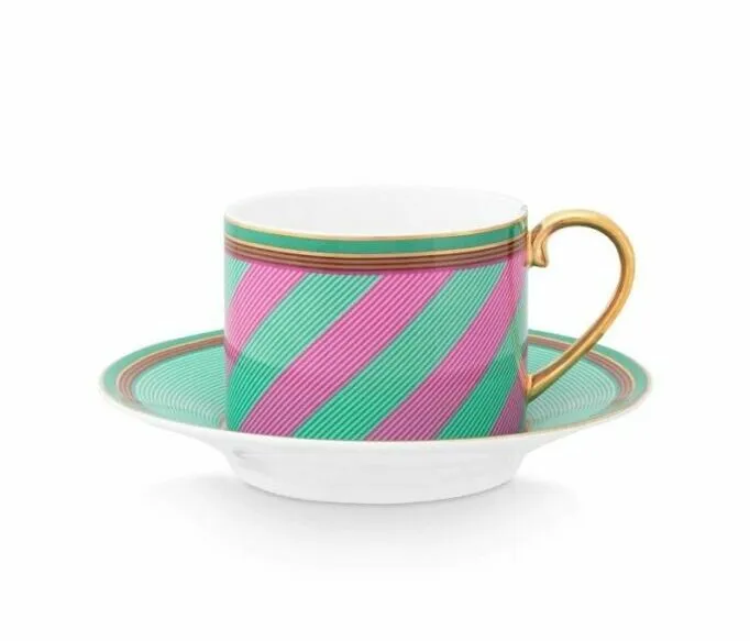 Taza y platillo Capuchino Pip Chique Stripes Rosa/Verde «PIP STUDIO»