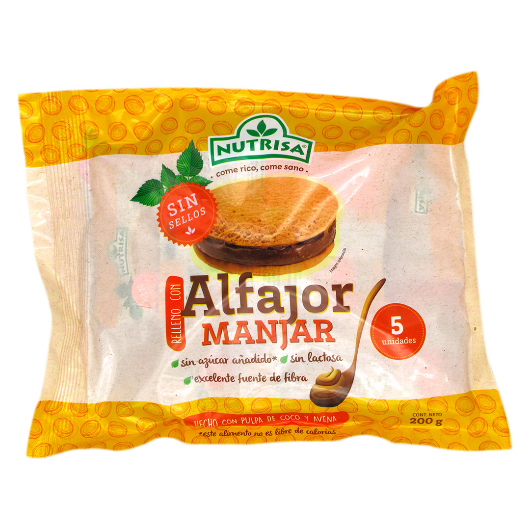 Alfajor Relleno de Manjar sin azúcar sin lácteos 5 unidades 200 grs marca Nutrisa