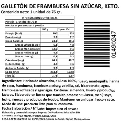 Galletón de Frambuesa sin Azúcar Keto. 1 Un. Marca Tremus - Imagen 2